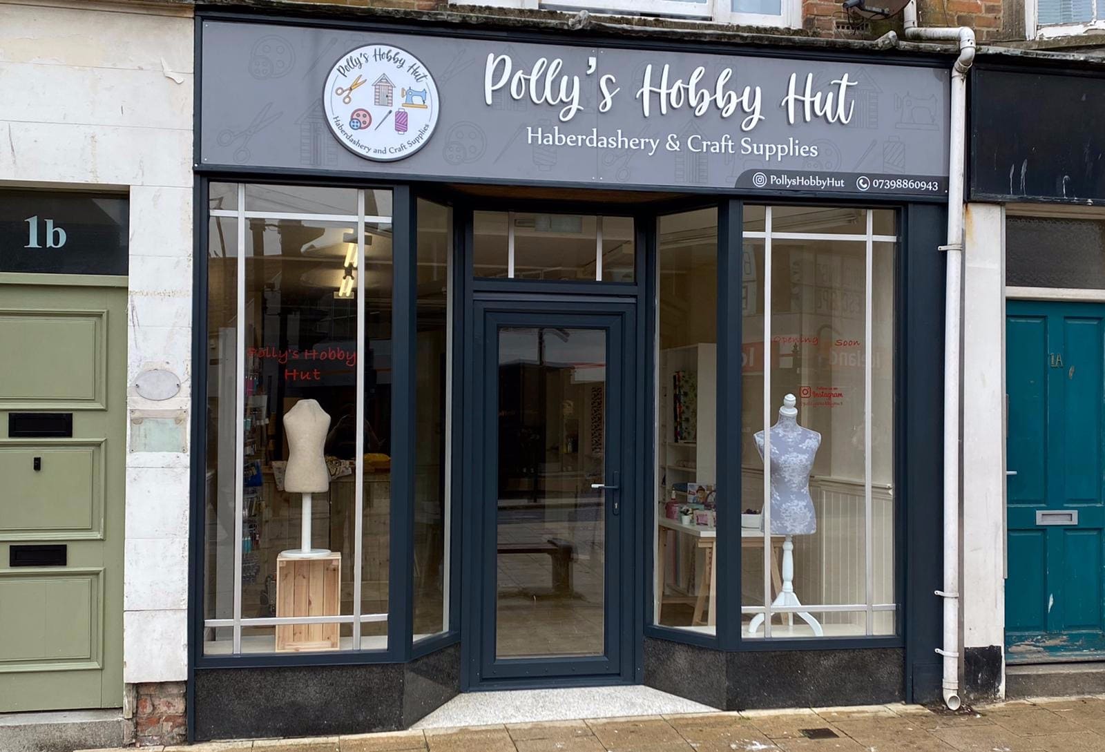 A respayed anthracite shopfront for a Skipton area haberdashery