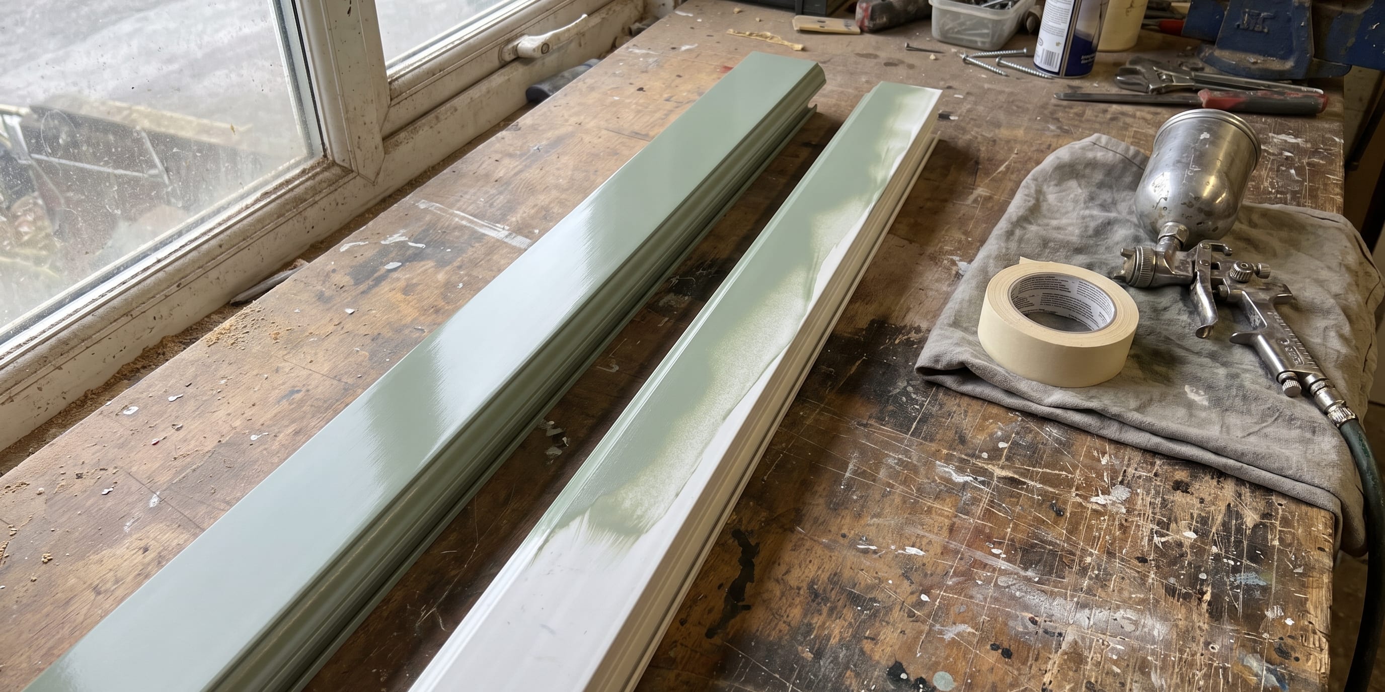 Two long sage-green painted cladding profiles lie on a worn wooden workbench next to a spray gun, masking tape, and assorted tools, with an old window visible in the background.